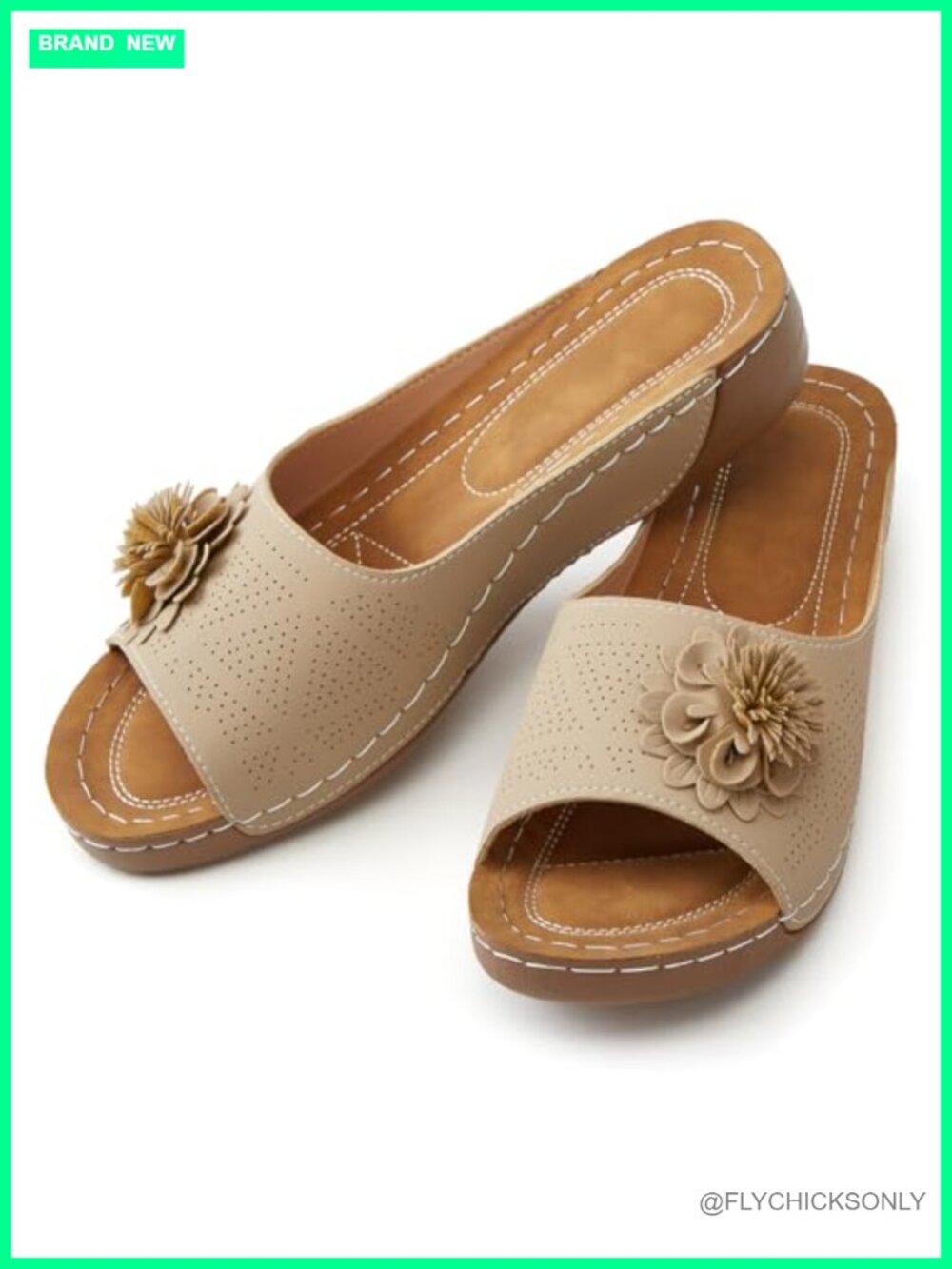 Womens Flower Slide Sandals Low Wedge Open Toe Faux Leather Comfort
